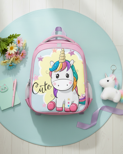 unicorn cartoon print backpack - flat-lay
