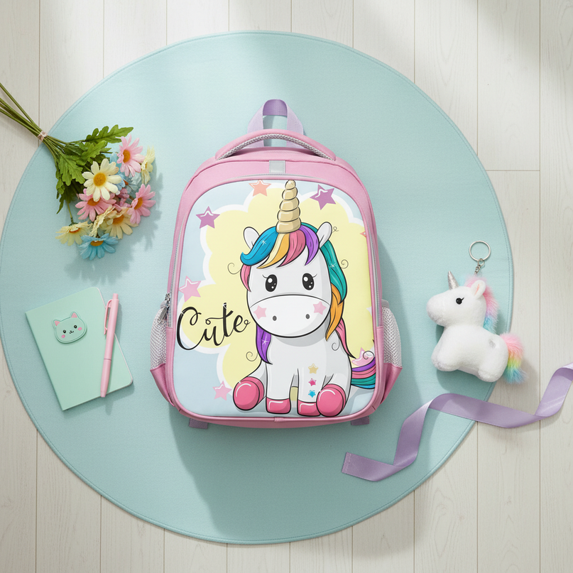 unicorn cartoon print backpack - flat-lay
