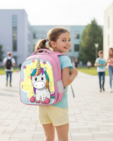 unicorn cartoon print backpack - in-use