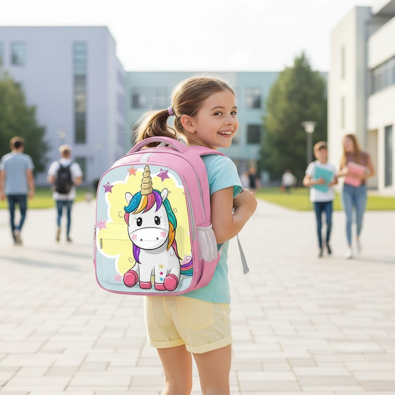 unicorn cartoon print backpack - in-use