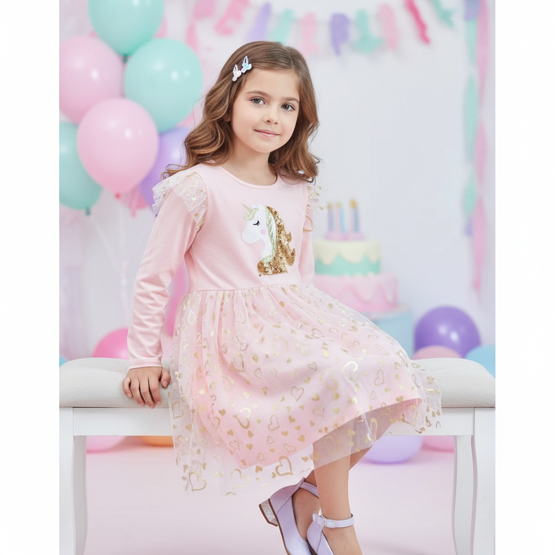 unicorn cartoon print dress - sitting