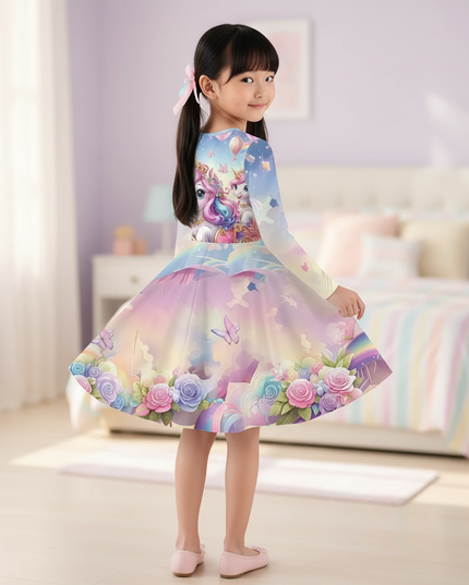 unicorn cartoon print long sleeve dress - back