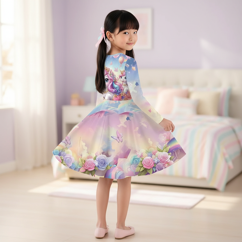 unicorn cartoon print long sleeve dress - back