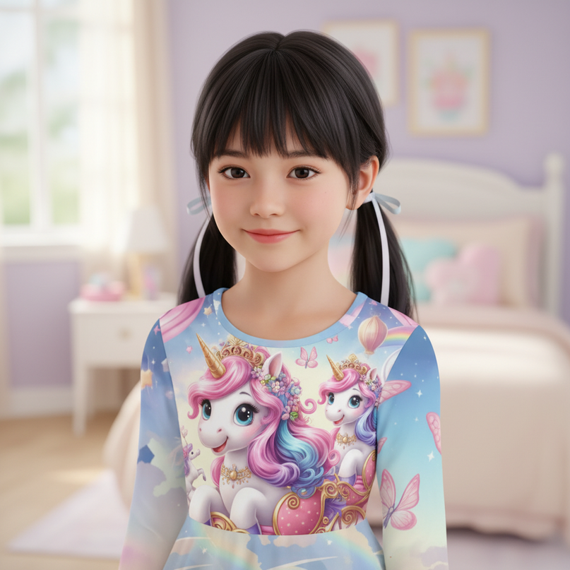 unicorn cartoon print long sleeve dress - detail