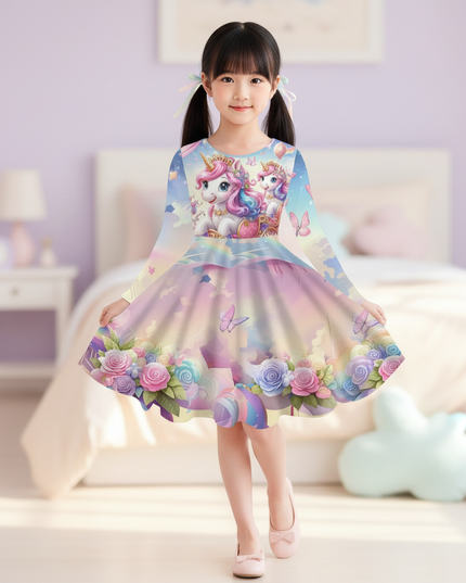 unicorn cartoon print long sleeve dress - front
