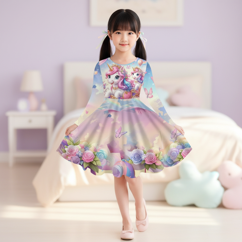 unicorn cartoon print long sleeve dress - front