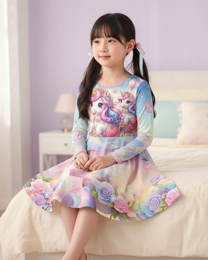 unicorn cartoon print long sleeve dress - sitting