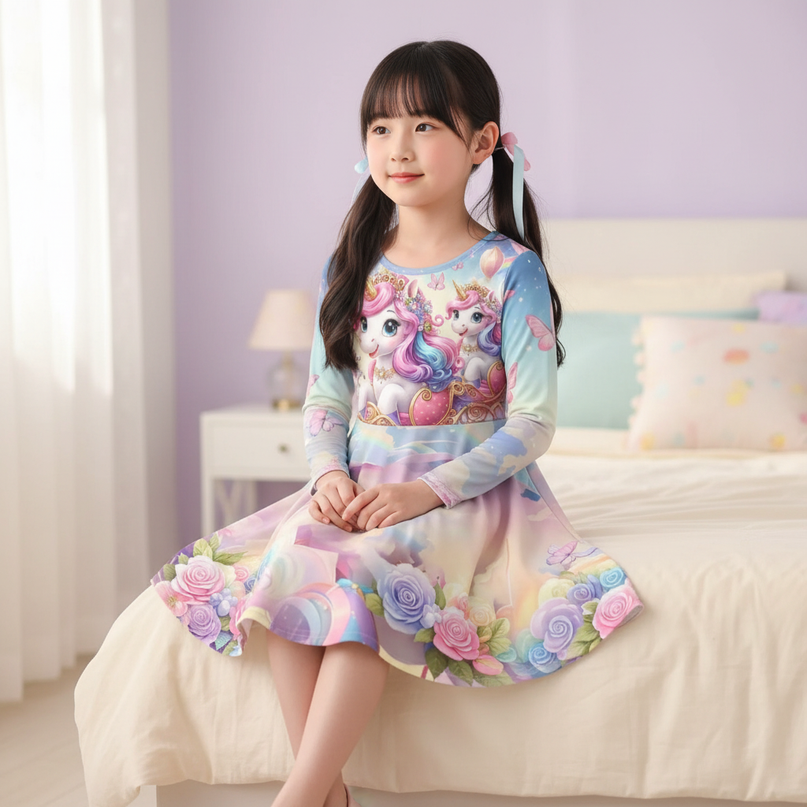unicorn cartoon print long sleeve dress - sitting