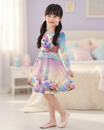 unicorn cartoon print long sleeve dress - three-quarter