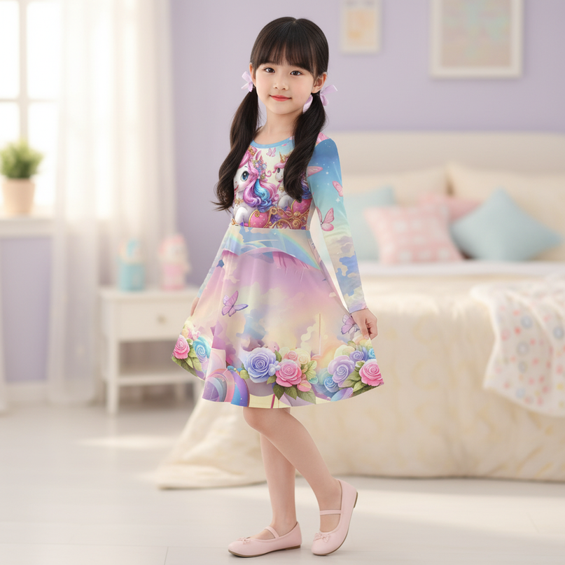 unicorn cartoon print long sleeve dress - three-quarter