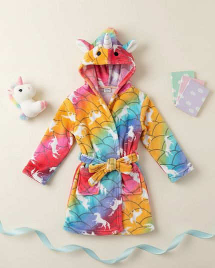 unicorn cartoon robe - flat-lay