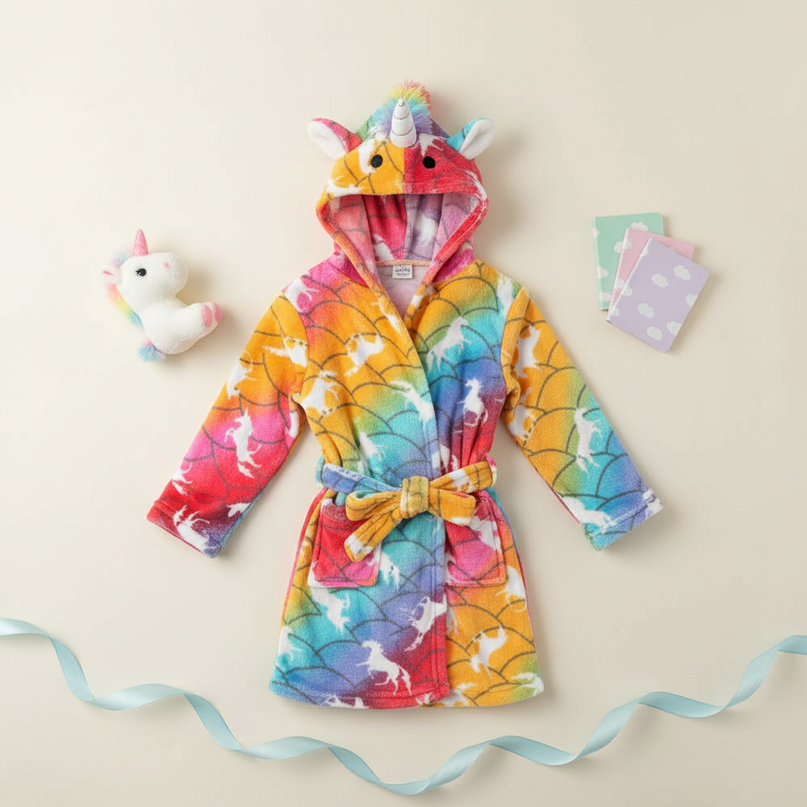 unicorn cartoon robe - flat-lay