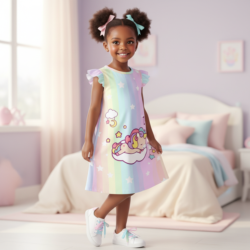 unicorn cartoon summer nightgown dress - three-quarter