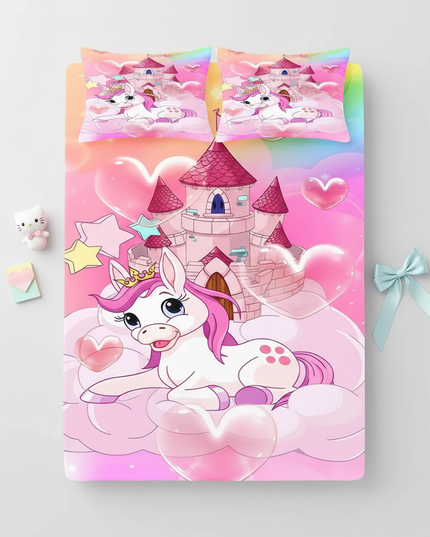 unicorn castle bed sheet set - flat-lay