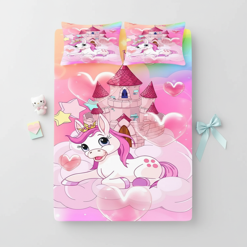 unicorn castle bed sheet set - flat-lay