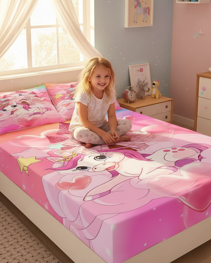 unicorn castle bed sheet set - in-use