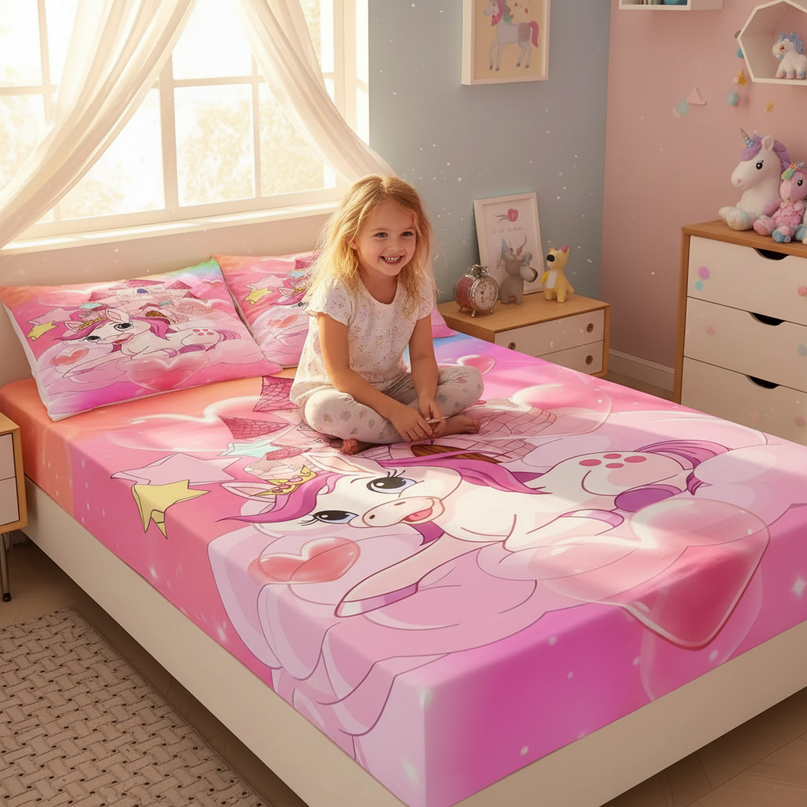 unicorn castle bed sheet set - in-use