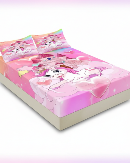 unicorn castle bed sheet set - white-bg