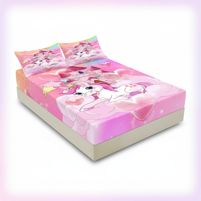 unicorn castle bed sheet set - white-bg