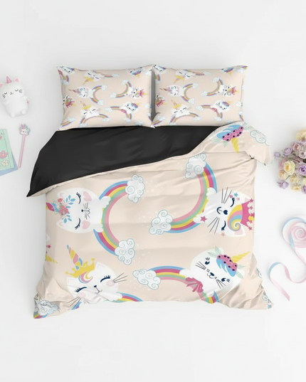 unicorn cat rainbow bedding - flat-lay