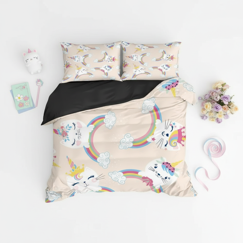 unicorn cat rainbow bedding - flat-lay