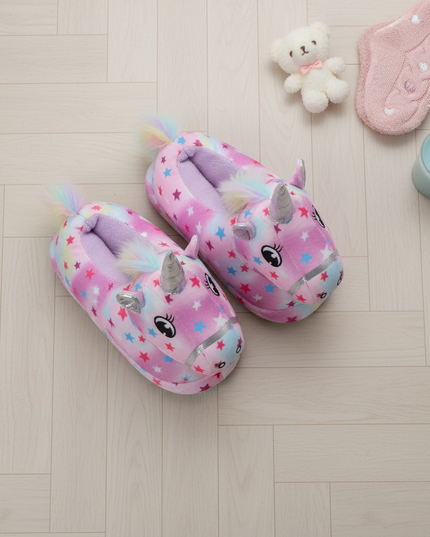 unicorn character slippers - flat-lay