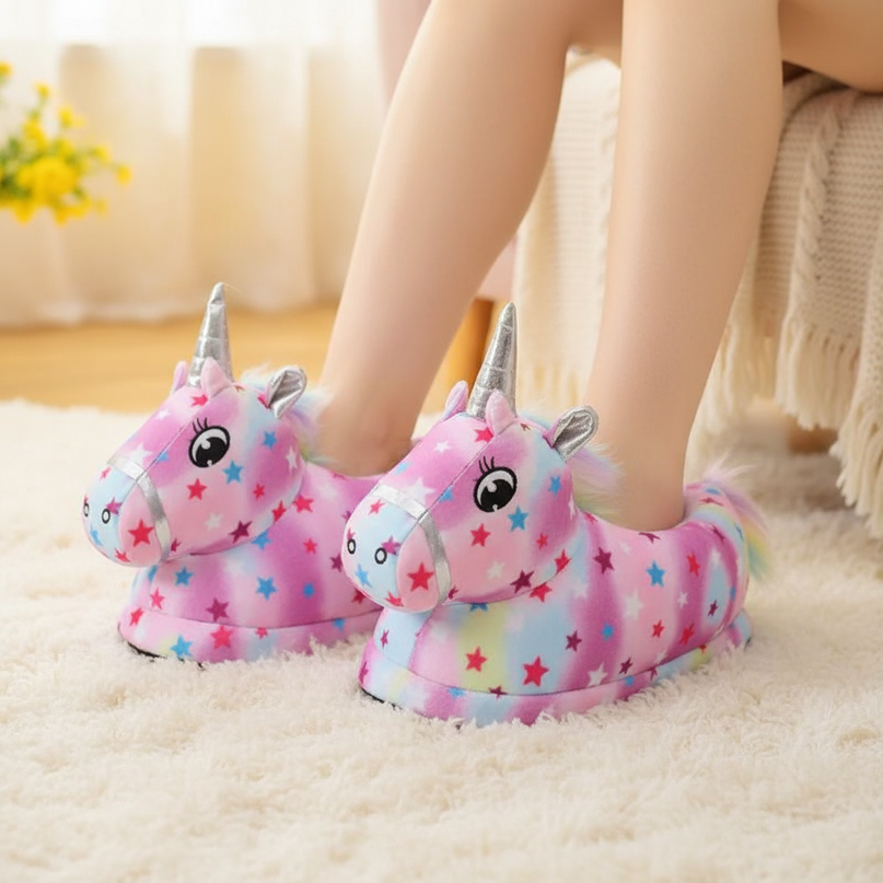unicorn character slippers - in-use