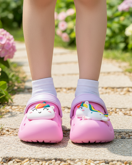 unicorn charm clogs - in-use