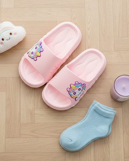 unicorn charm slippers - flat-lay