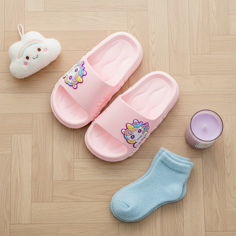 unicorn charm slippers - flat-lay