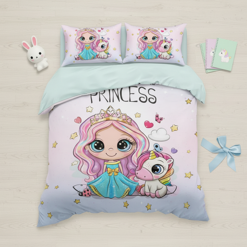 unicorn childrens bedding - flat-lay