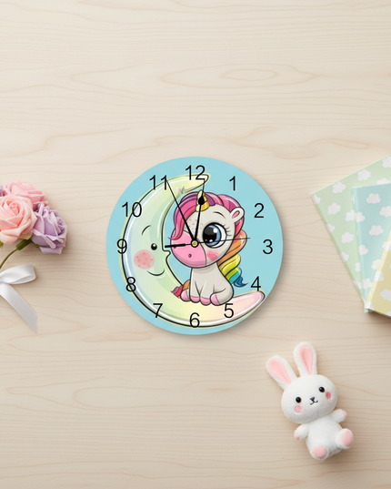 unicorn clock for nursery - flat-lay