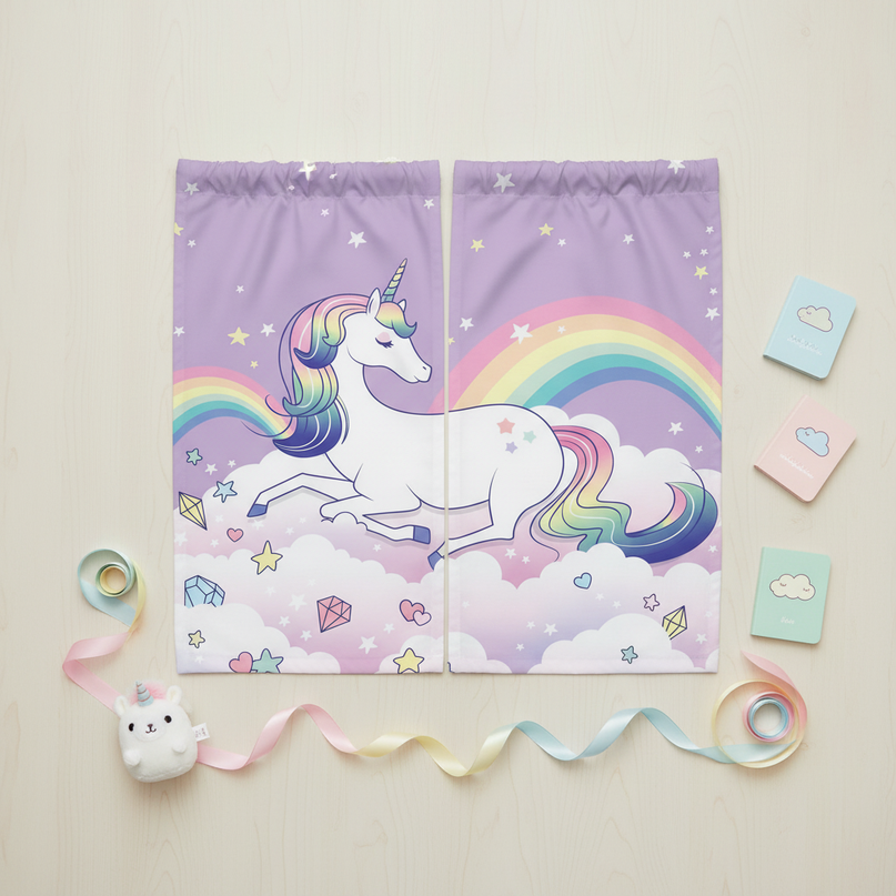 unicorn cloud curtains - flat-lay