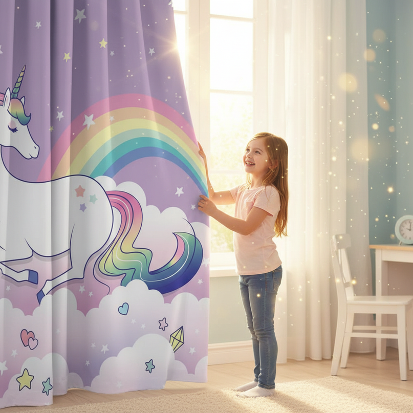 unicorn cloud curtains - in-use