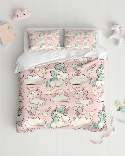 unicorn cloud pattern bedding - flat-lay