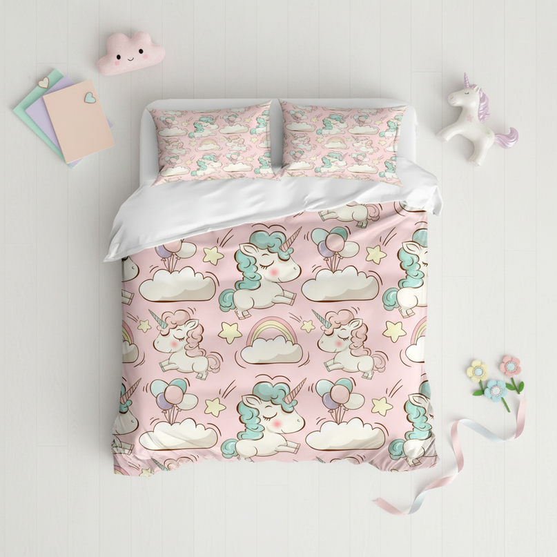 unicorn cloud pattern bedding - flat-lay