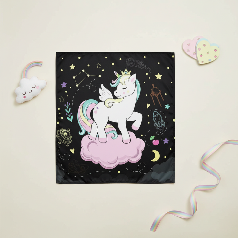 unicorn cloud shower curtain - flat-lay