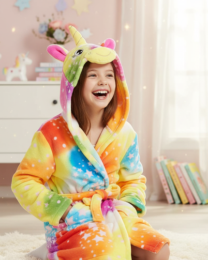 unicorn coral fleece robe - in-use