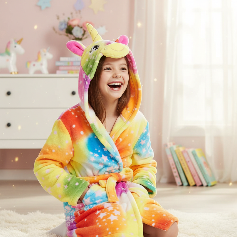 unicorn coral fleece robe - in-use