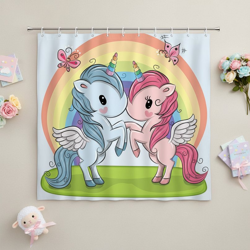 unicorn couple shower curtain - flat-lay