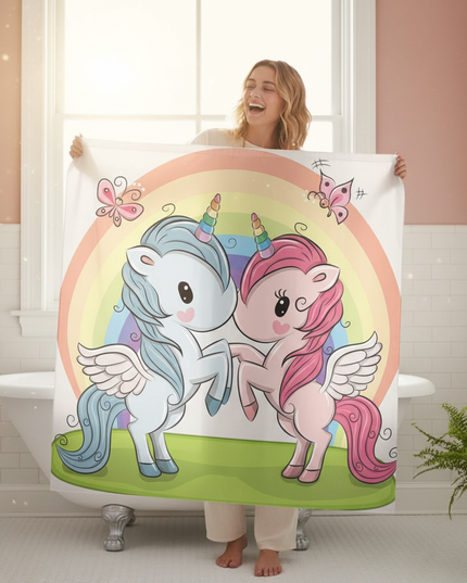 unicorn couple shower curtain - in-use