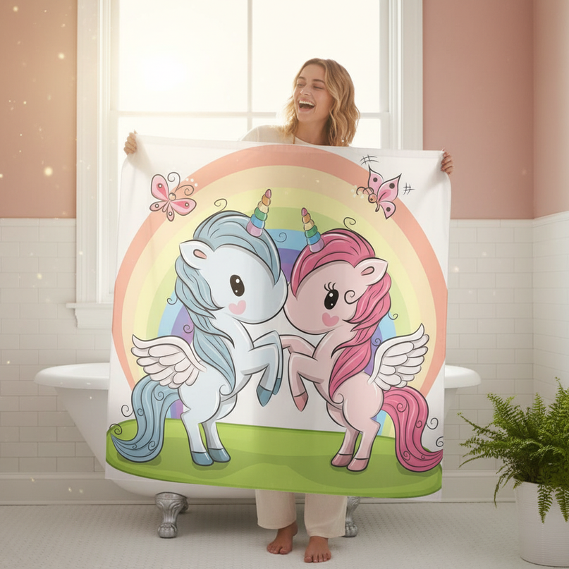 unicorn couple shower curtain - in-use