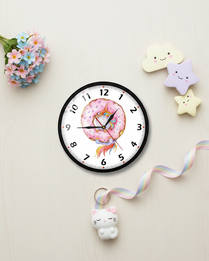 unicorn donut wall clock - flat-lay