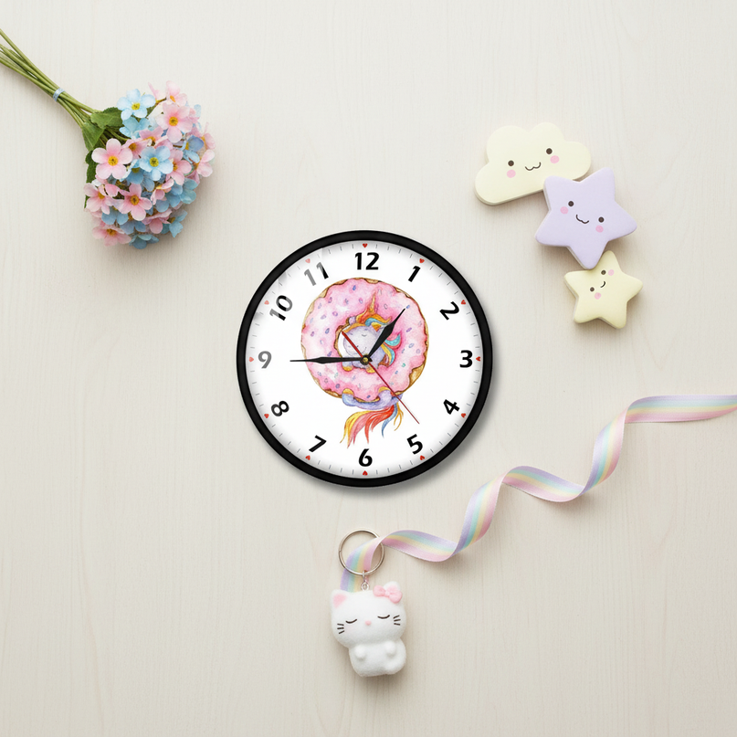 unicorn donut wall clock - flat-lay