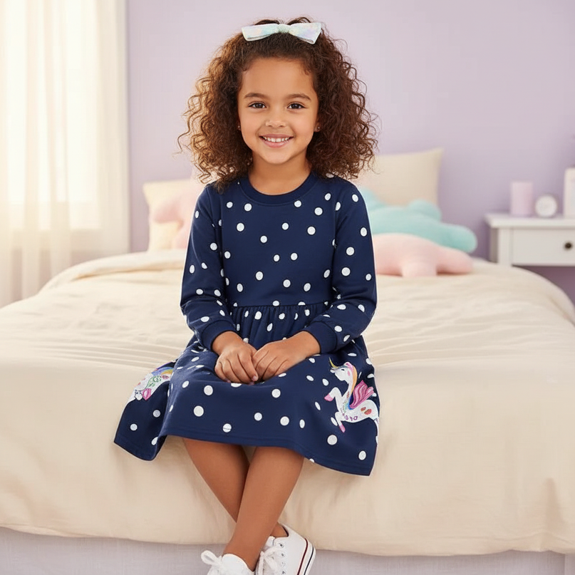 unicorn dot print dress girls - sitting