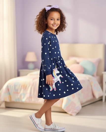 unicorn dot print dress girls - three-quarter