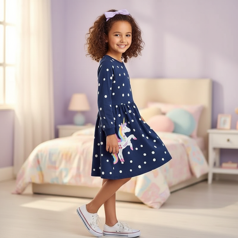 unicorn dot print dress girls - three-quarter