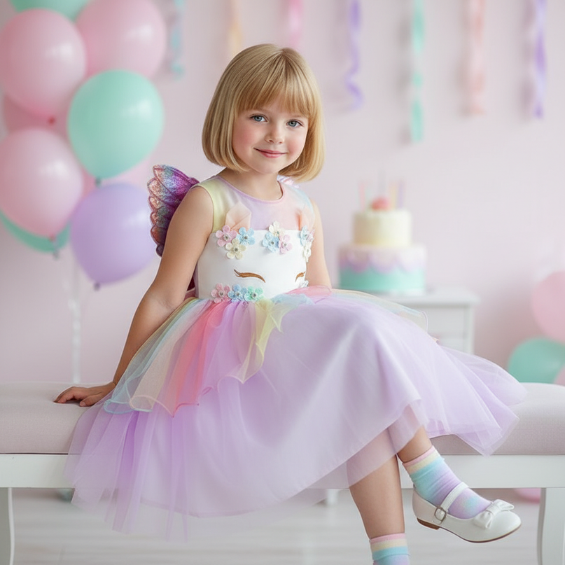 unicorn dress birthday girl 5 piece - sitting