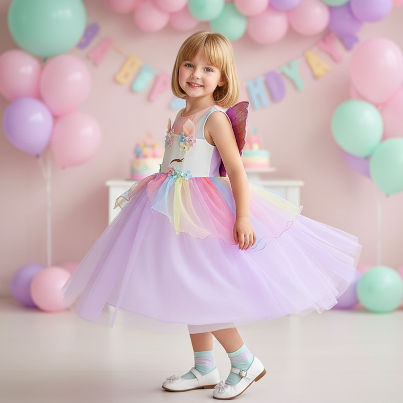 unicorn dress birthday girl 5 piece - three-quarter