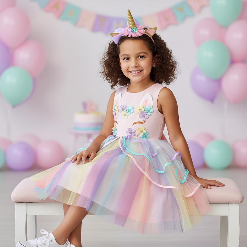 unicorn dress girls 4 piece set - sitting